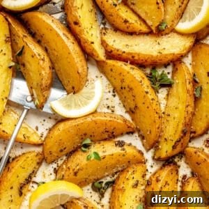 Close up of Greek-Style Potatoes with lemon wedges.