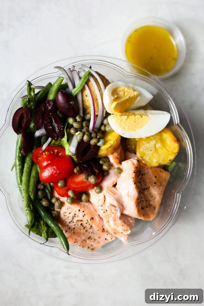 Sheet Pan Salmon Nicoise Salad plated