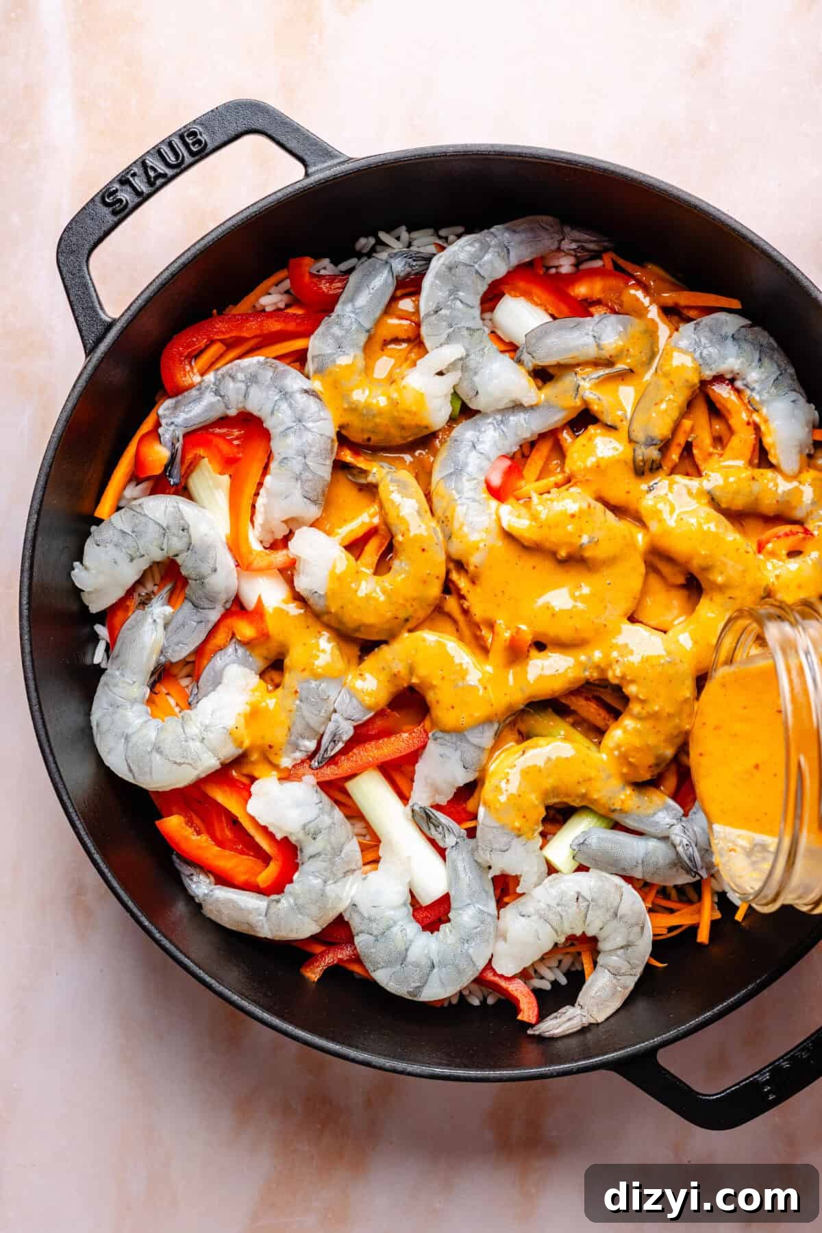 20-Minute Thai-Inspired Coconut Shrimp Curry in pan before it is cooked.
