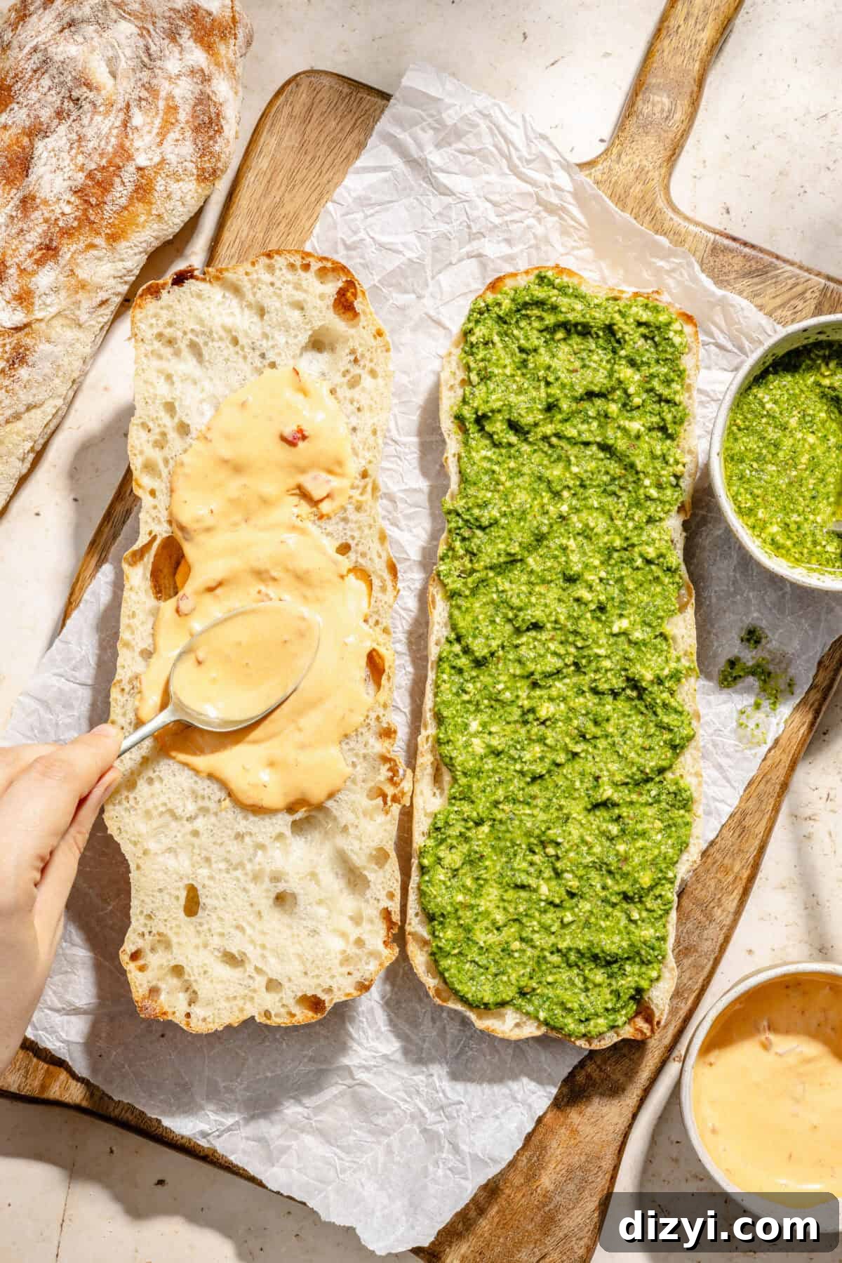 Spicy Italian Pesto Party Sandwich Recipe 3 ciabatta bread with pesto and spicy mayonnaise
