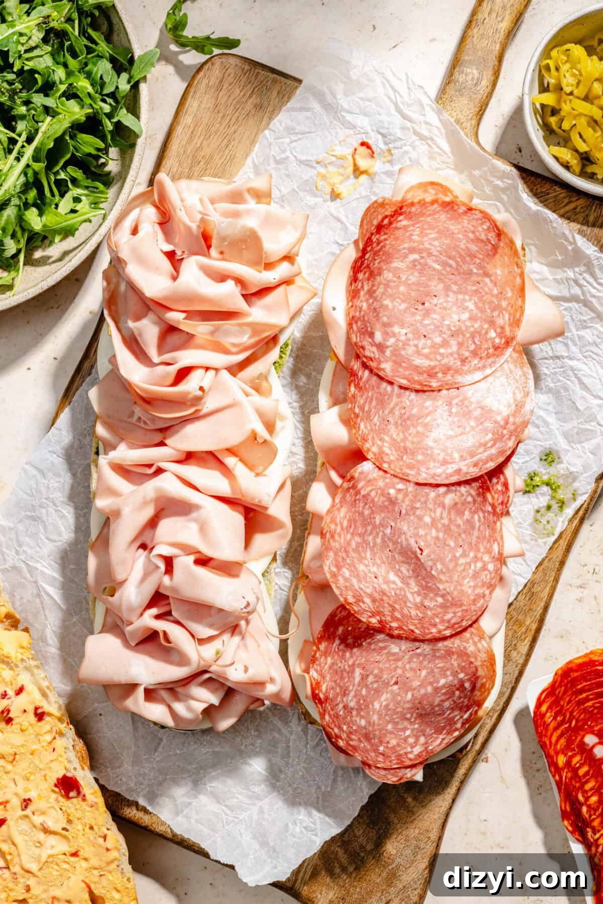 Spicy Italian Pesto Party Sandwich Recipe 4 layers of meat on an italian party sub