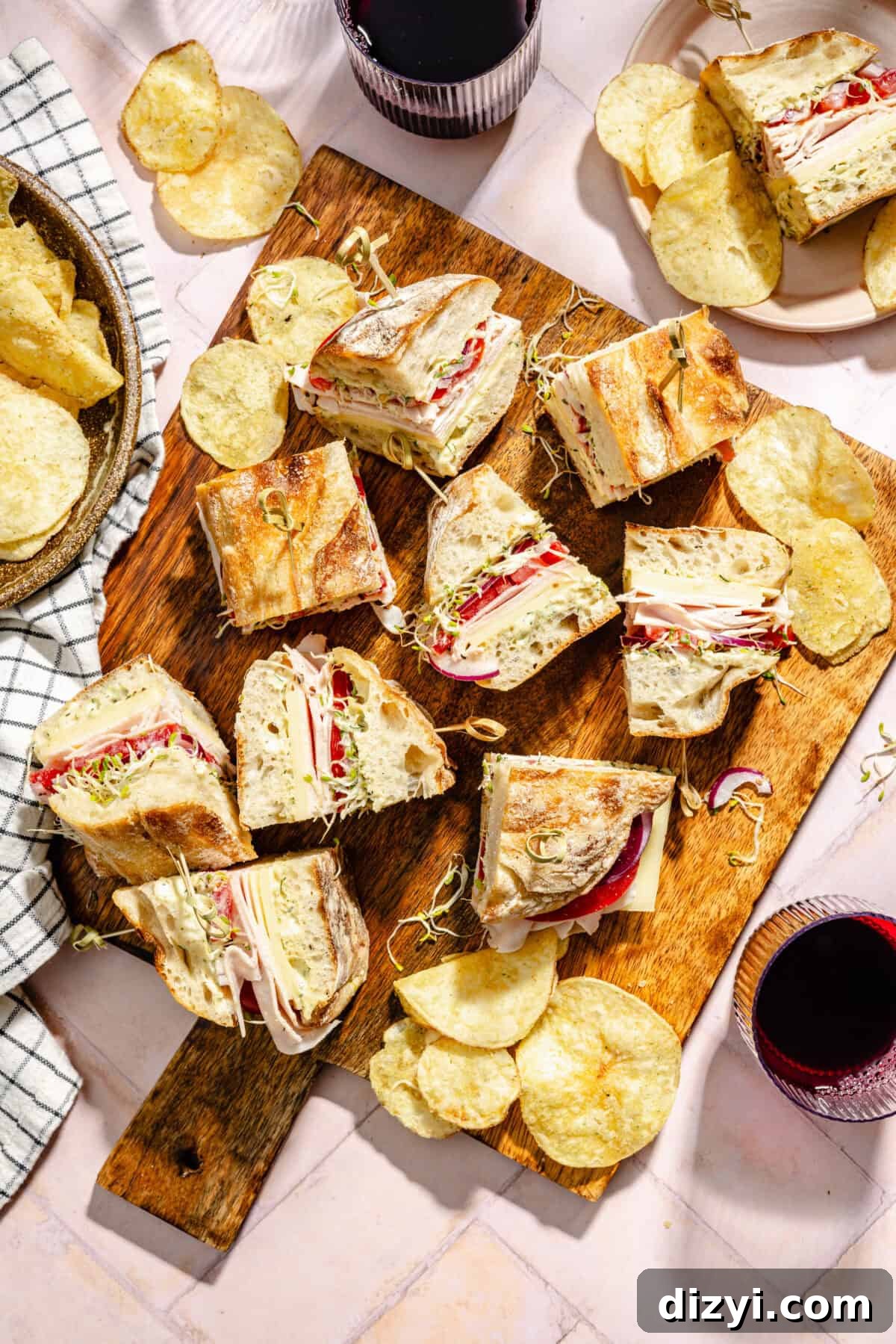 Turkey and Havarti Party Sandwiches with Dill-Pickle Mayo sliced and on wooden tray.