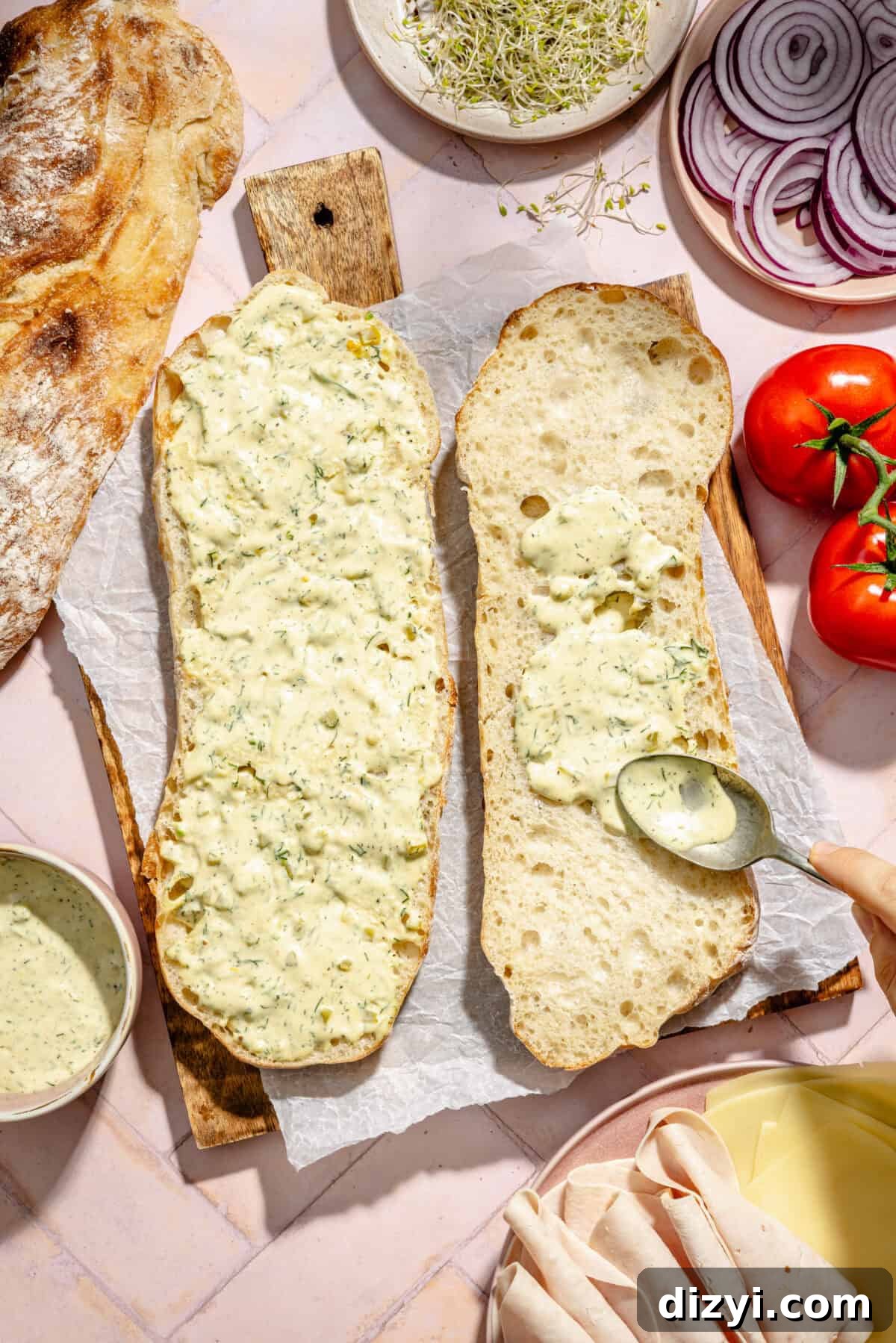 Slice bread with the dill mayo lathered on top.