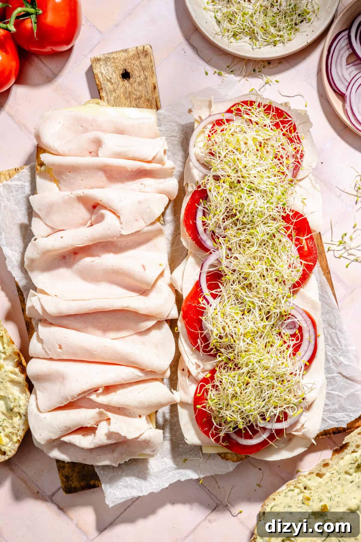 Turkey and Havarti Party Sandwiches with Dill-Pickle Mayo layered with toppings but not closed.