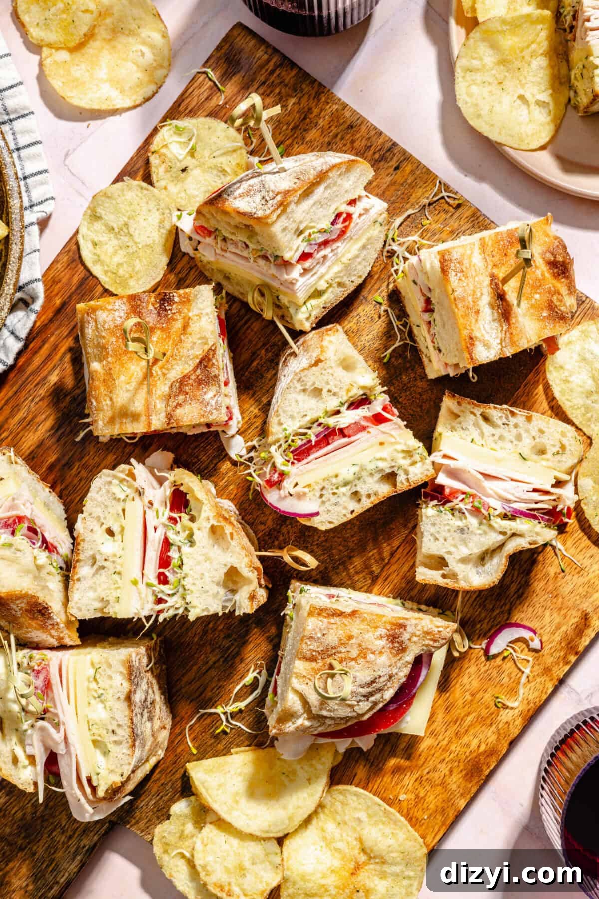 Turkey and Havarti Party Sandwiches with Dill-Pickle Mayo sliced and on a wooden serving board.